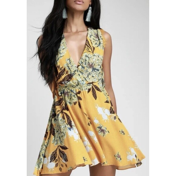 Free People Dresses & Skirts - Free People "Marnie" Golden Yellow Floral Short Dress Size S Rayon Boho Floral.